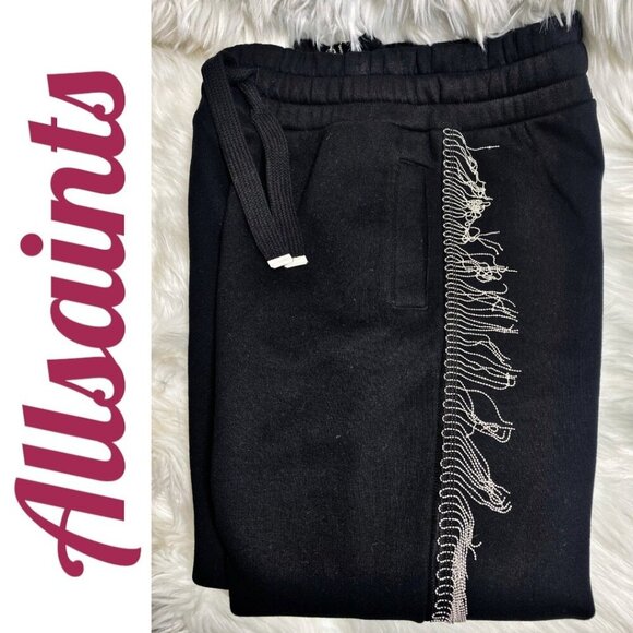 ALLSAINTS GISELLE CHAIN FRINGE TRIM BLACK SWEATPANTS, SIZE SMALL - Picture 8 of 16
